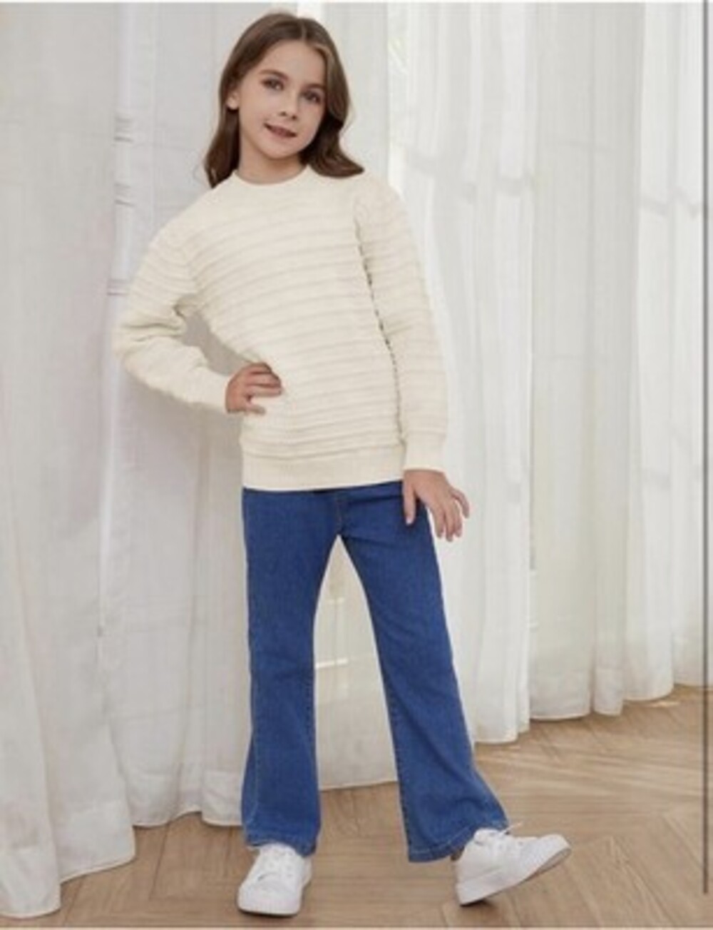 Sweaters for Girls Ribbed Knit Textured Long Sleeve Crew Neck Solid-SIZE 5-6y
